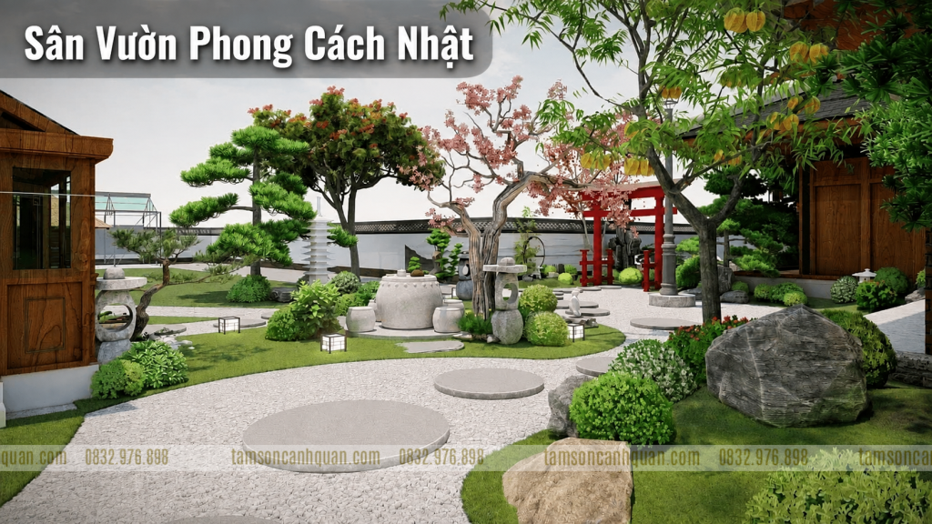 sân vườn phong cách Nhật kết hợp đá tự nhiên và cây cắt tỉa Tam Sơn