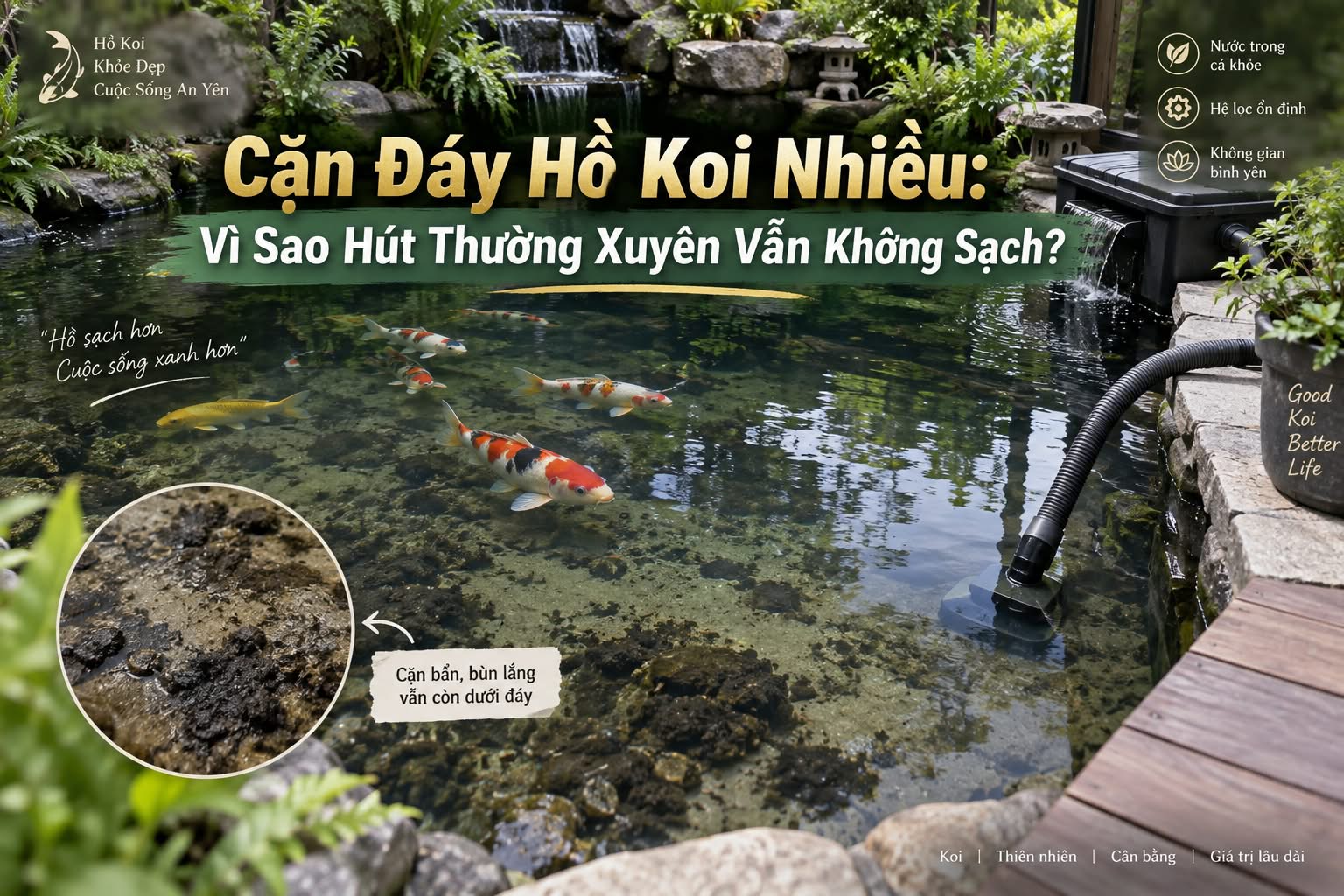 Cặn đáy hồ Koi tích tụ tại vùng nước có khả năng luân chuyển kém