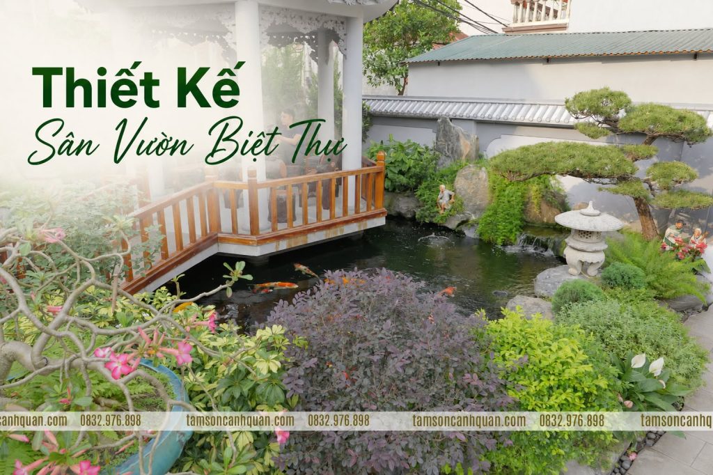 Phối hợp mảng cây xanh, đá cảnh và mặt nước trong sân vườn